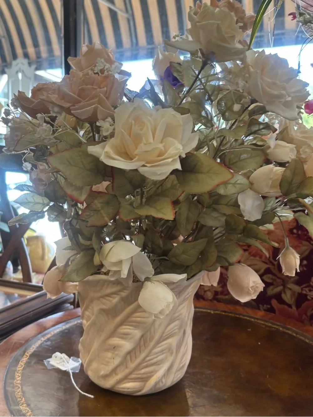 Vintage Cream Rose Artificial Floral Arrangement in Cream Ceramic Pot
